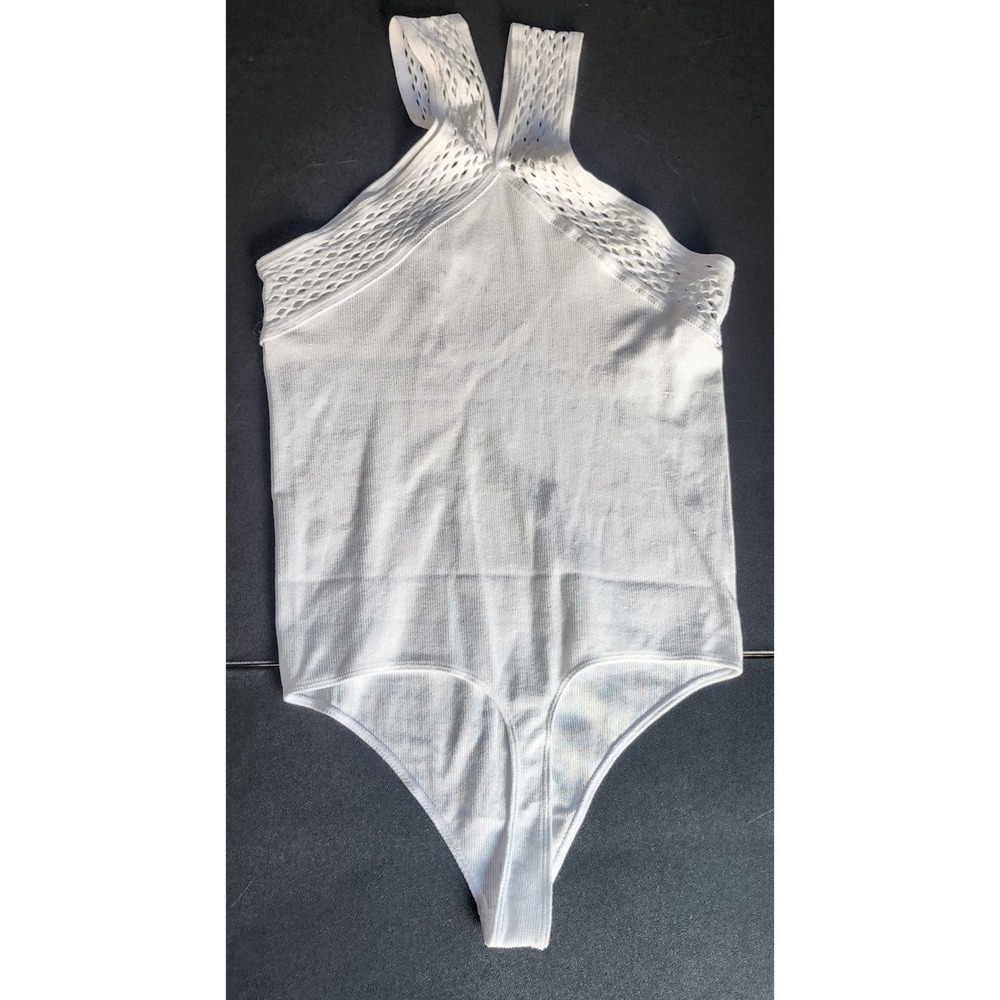 Express NEW Womens Ribbed Thong Bodysuit White Halter Mesh V-Neck L/XL